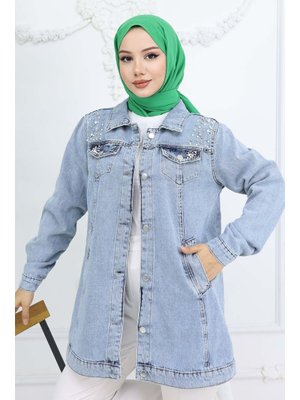 Mavi İnci Detaylı Kot Ceket