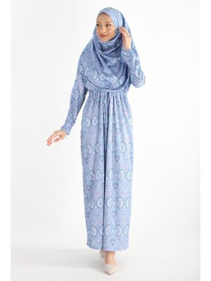 2105_tek Parça Kaymaz Başörtülü Beli Büzgülü Kuşaklı Desenli Namaz Elbisesi Bone Takmaya Gerek Yok 2105_tek Parça Kaymaz Başörtülü Beli Büzgülü Kuşaklı Desenli Namaz Elbisesi Bone Takmaya Gerek Yok