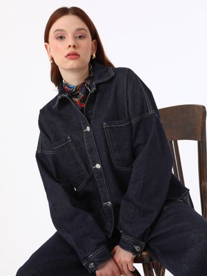 Lacivert Exclusive Kontrast Dikişli Denim Ceket
