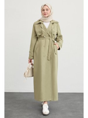 Çift Kapaklı Kuşaklı Mint Yeşili Trençkot