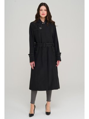 Siyah Gömlek Yaka Dikiş Detaylı Büyük Beden Trençkot
