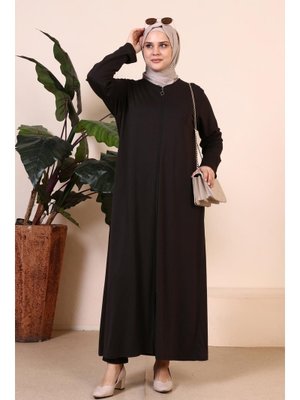 Haki Kadin Buyuk Beden Fermuarlı Tam Tesettur Uzun Namaz Elbisesi