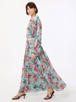 Mavi Çiçek Desenli Düğme Detaylı Şifon Elbise