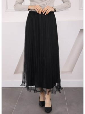 Siyah Piliseli Bel Lastikli Etek