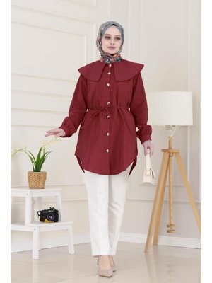 Bordo Beli Bağcık Detaylı Geniş Yaka Tunik Bordo Beli Bağcık Detaylı Geniş Yaka Tunik