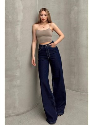 Koyu Mavi Yüksek Bel Geniş Paça Salaş Kot Pantolon