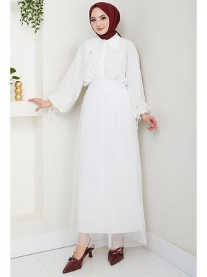 Beyaz Beli Lastikli Tül Etek