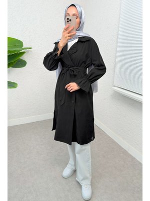 Siyah Kolları Büzgü Detaylı Trençkot