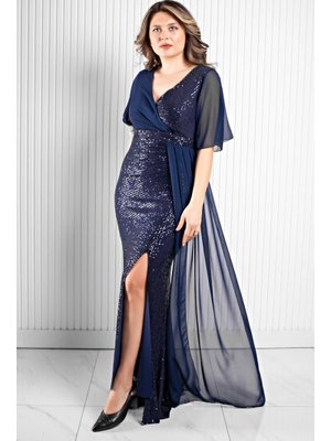 Lacivert Pul Payetli Şifon Abiye Elbise