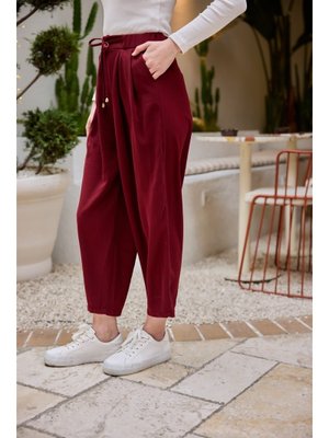 Bordo Beli Lastikli Havuç Pantolon