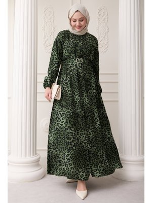 Leopar Desen Yeşil Viskon Elbise
