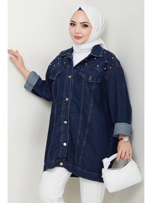 Koyu Mavi Elyez Taşlı Kot Ceket