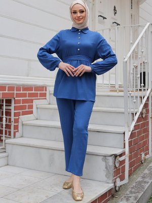 İndigo Taş Düğme Detaylı Takım