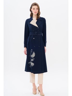 Lacivert Baskı Ve Taş Detaylı Garnili Astarsız Trençkot