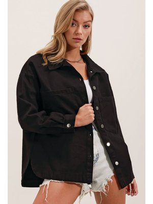 Siyah Oversize Gabardin Gömlek Ceket Siyah Oversize Gabardin Gömlek Ceket