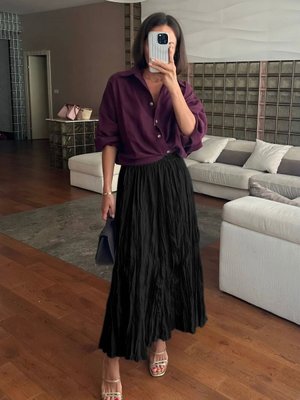 Siyah Trend Pileli Kırışık Crash Ve Şık Stili Yazlık Moda Uzun Etek Siyah Trend Pileli Kırışık Crash Ve Şık Stili Yazlık Moda Uzun Etek