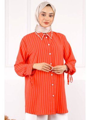 Nar Çiçeği Kolu Bağcıklı Yaka Taşlı Linda Tunik