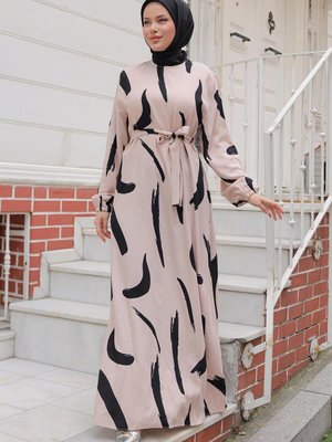 Bej Büyük Fırça Desenli Viskon Elbise