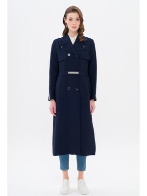 Lacivert Metal Zincir Ve Boncuk Detaylı Kapitone Desenli Hafif Trençkot