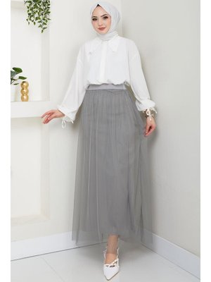 Gri Beli Lastikli Tül Etek