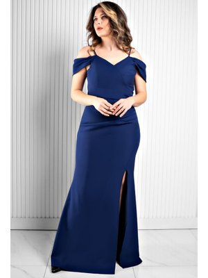 Lacivert Krep Kumaş Askılı Abiye Elbise