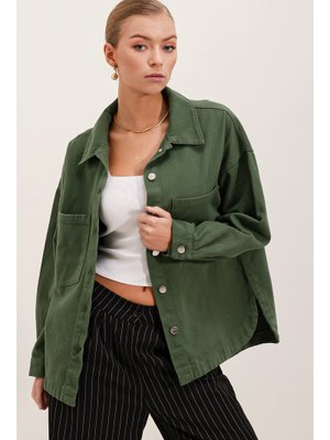 Haki Oversize Gabardin Gömlek Ceket Haki Oversize Gabardin Gömlek Ceket
