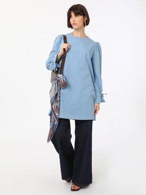 Açık Mavi Kol Detaylı Denim Tunik