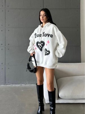 Beyaz Şapkalı Üç İplik Şardonlu Oversize Kalıp Desenli Sweatshirt Beyaz Şapkalı Üç İplik Şardonlu Oversize Kalıp Desenli Sweatshirt