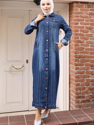 Koyu Mavi Düğme Detaylı Kot Ferace Koyu Mavi Düğme Detaylı Kot Ferace