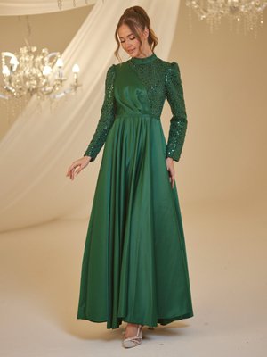 Zümrüt Yeşili Payet Abiye Elbise