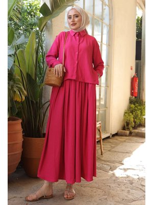Fuşya Ön Kısa Arka Uzun Gömlek Etek Bürümcük Takım