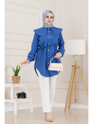 İndigo Beli Bağcık Detaylı Geniş Yaka Tunik İndigo Beli Bağcık Detaylı Geniş Yaka Tunik