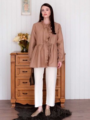 Karamel Fırfırlı Bağlamalı Tunik