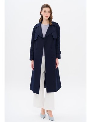 Lacivert Kolları Boncuk Ve İşleme Detaylı Su İtici Özellikli Premium Trençkot