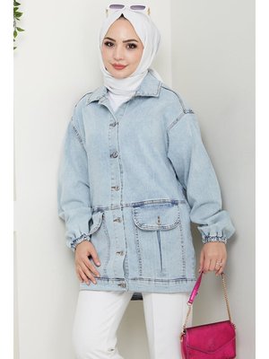 Buz Mavi Torba Cepli Oversize Kot Ceket