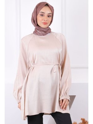 Bej Bel Kuşaklı Parlak Tunik Bej Bel Kuşaklı Parlak Tunik