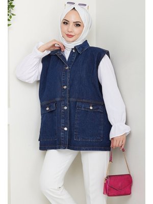 Koyu Mavi Kapak Cepli Kot Yelek