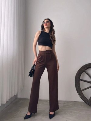 Kahverengi Likralı Palazzo Cırtlı Pantolon