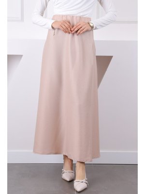 Bej Bel Lastikli Taşlı Saten Etek Bej Bel Lastikli Taşlı Saten Etek