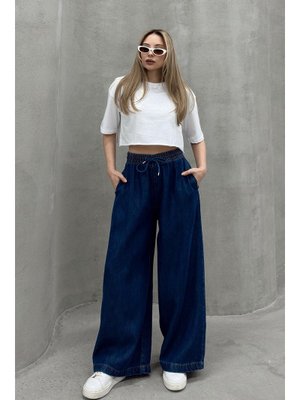 Koyu Mavi Beli Lastikli Salaş Yumuşak Kot Pantolon