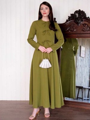 Yağ Yeşili Fiyonk Detay Krep Elbise