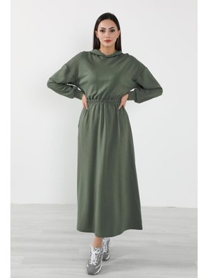 Haki Rahat Kesim Günlük Kapüşonlu Elbise,elb