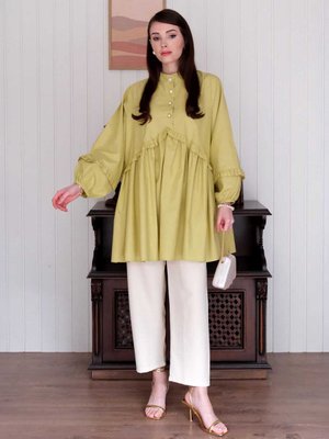 Yağ Yeşili İnci Detaylı Robalı Tunik