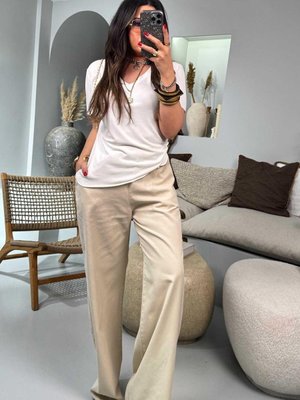 Taş Gabardin Kumaş Beli Lastikli Palazzo Pantolon