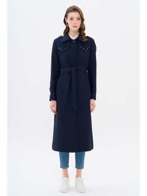 Lacivert Pelerini Zımba Detaylı Kapitone Desenli Hafif Trençkot