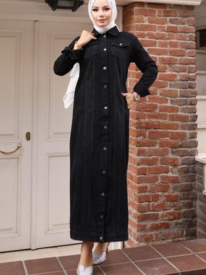 Siyah Düğme Detaylı Kot Ferace Siyah Düğme Detaylı Kot Ferace