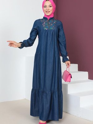 Koyu Lacivert Garni Detaylı Kot Elbise