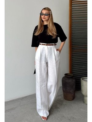 Beyaz Kemer Aksesuarlı Rahat Kalıp Keten Pantolon