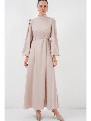 M. Krem Saten Abiye Elbise