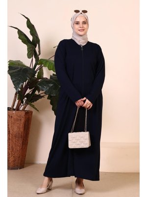 Lacivert Kadin Buyuk Beden Fermuarlı Tam Tesettur Uzun Namaz Elbisesi